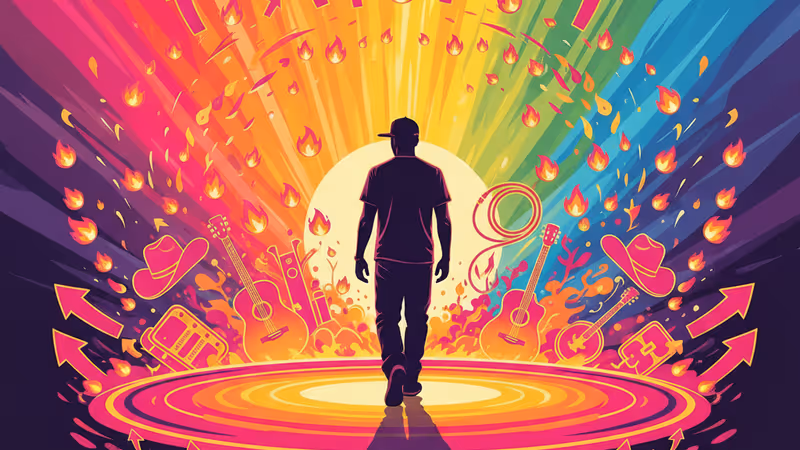 リュダクリスのステージ写真と音楽フェスのロゴをイメージした合成。政治と音楽の境界を表現。