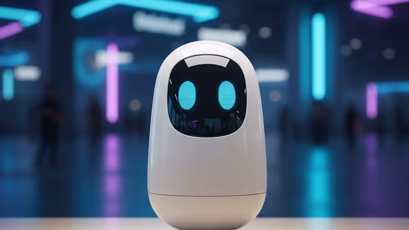 デスクの上でデジタルな瞳を輝かせるLudens AIのロボットパートナー