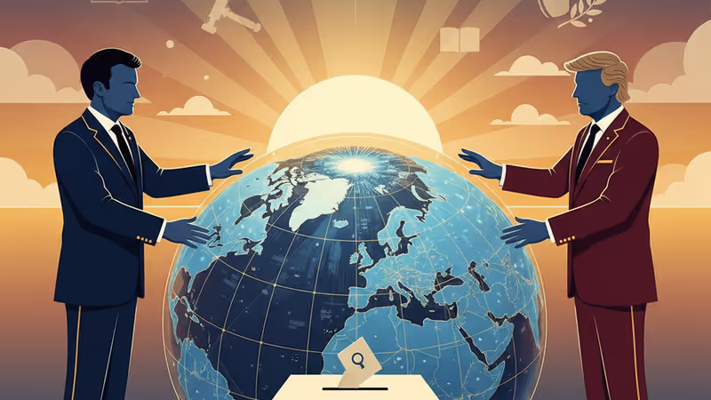 President Macron and Donald Trump split by an Arctic map