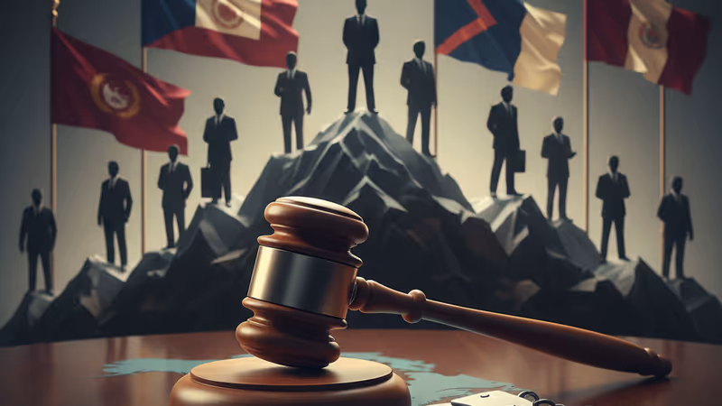 A gavel and handcuffs placed over a map of South America