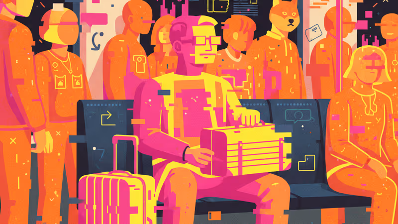 混雑する駅のホームで道を塞ぐように立つ人物のイメージ