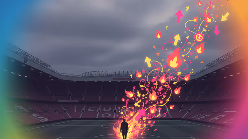 Manchester United emblem with a rainy Old Trafford stadium in the background