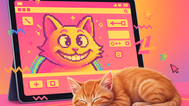 태블릿으로 고양이 밈을 그리는 모습과 옆에 앉아 있는 고양이