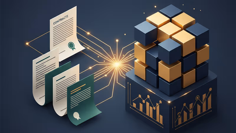 ブロックチェーンと金融文書がデジタルで繋がるイメージ図