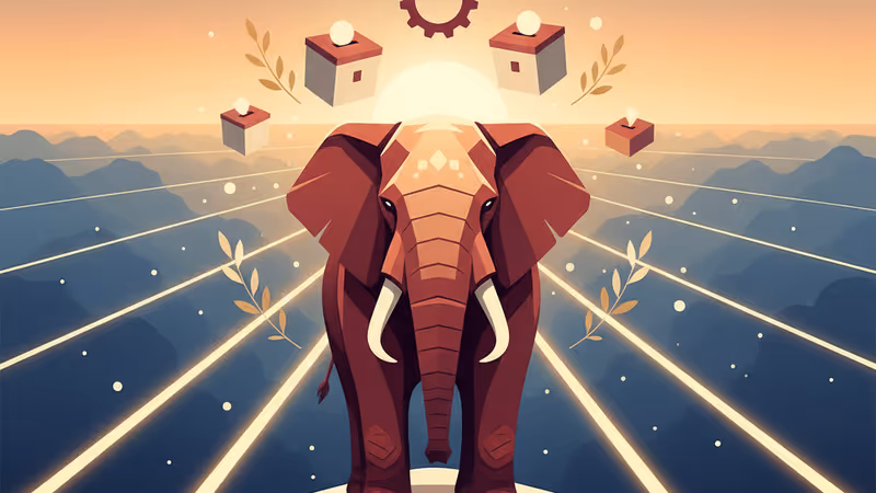 안개 낀 지평선과 여러 갈래 길 앞에 선 공화당 상징 코끼리