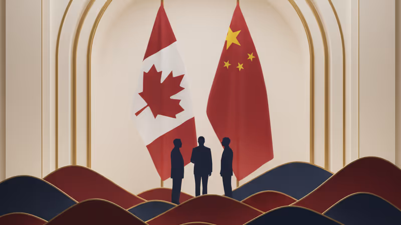 Flags of Canada and China in a diplomatic hall