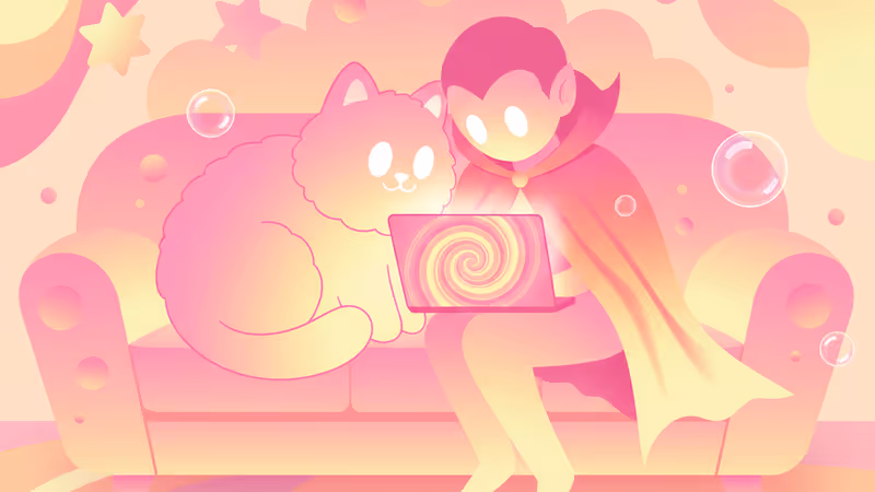 Whimsical illustration of a cat and a vampire looking at a laptop