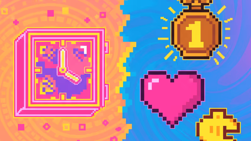 A desk with an hourglass and icons representing various skills