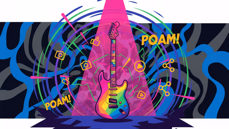 A lone electric guitar on a dark stage with a spotlight