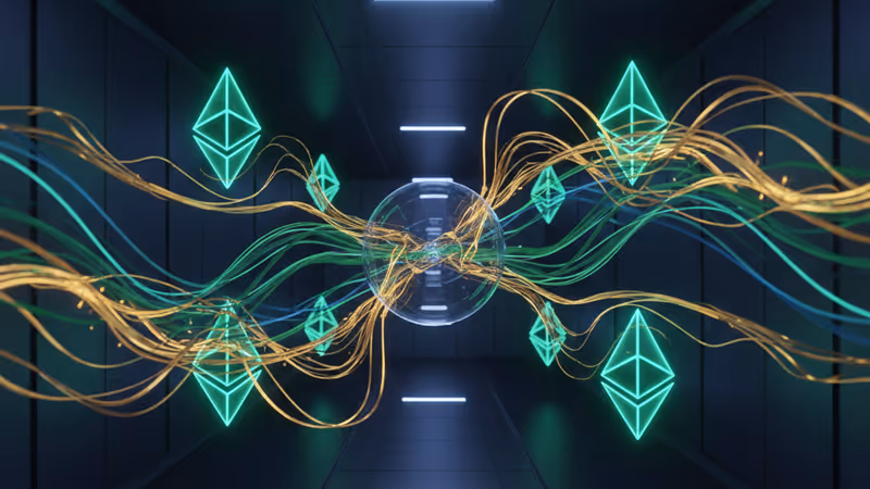 이더리움 로고가 있는 디지털 금고와 수익 흐름을 상징하는 빛의 선들