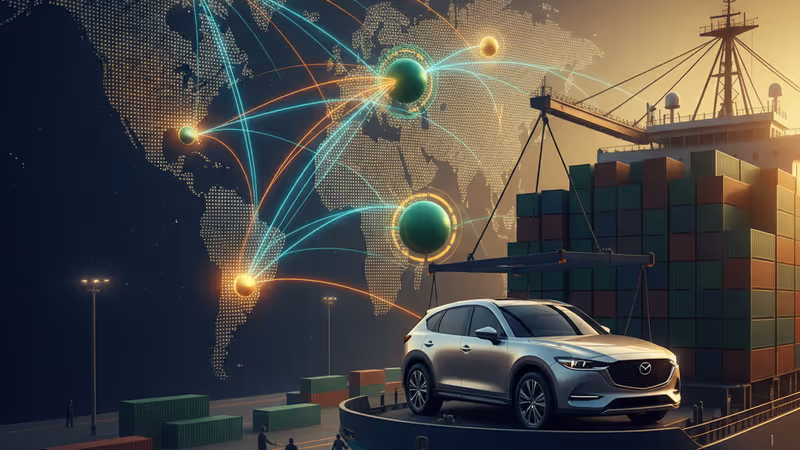 港で輸出を待つマツダの新型EVと輸送船の風景