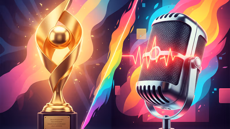 Conceptual image of a Golden Globe trophy vs a digital broadcast mic