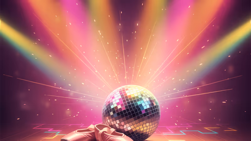 부서진 토슈즈와 화려한 미러볼이 놓인 무대 전경