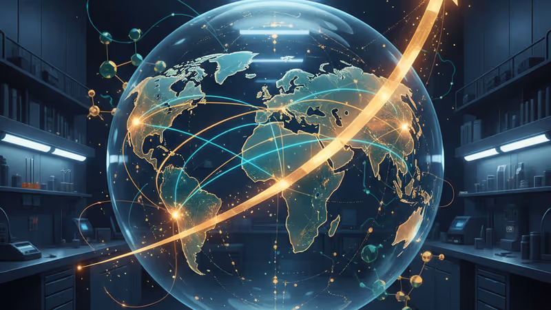 Interior of a Merck lab with a $70 billion revenue growth chart