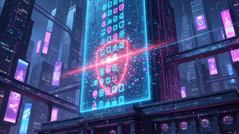 메타 로고가 그려진 반투명한 벽 뒤의 법정 풍경