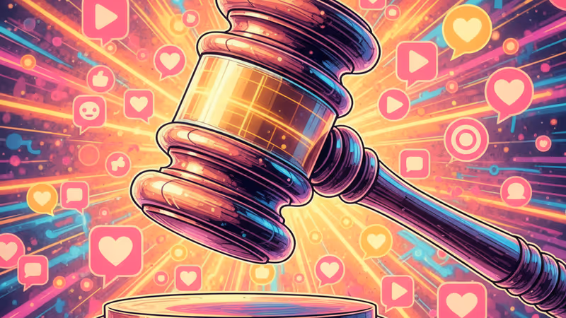 Digital gavel merging with social media interface icons