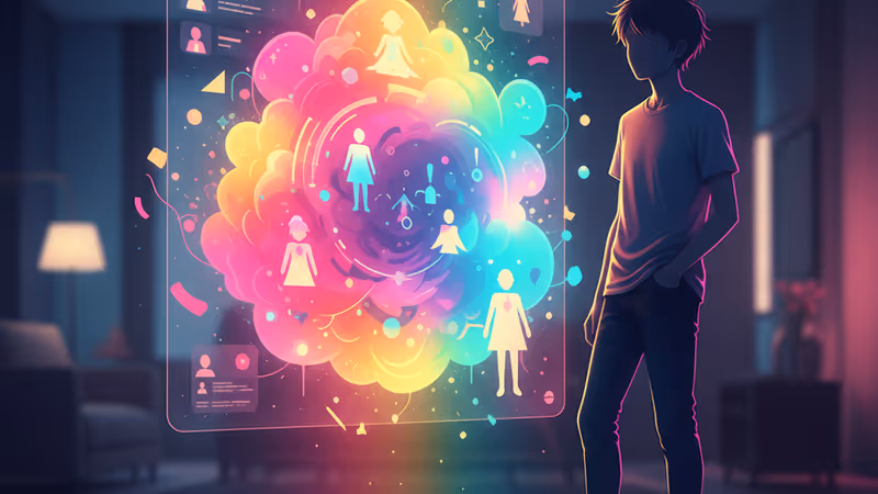 スマートフォンの画面を見る若者のシルエットと、デジタル的な境界線が表示されたイメージ