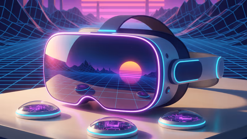 Meta Quest 3S 헤드셋과 테크 기기들이 놓인 책상 전경