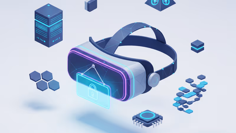 Metaのロゴと背後に見えるVRデバイスのシルエット