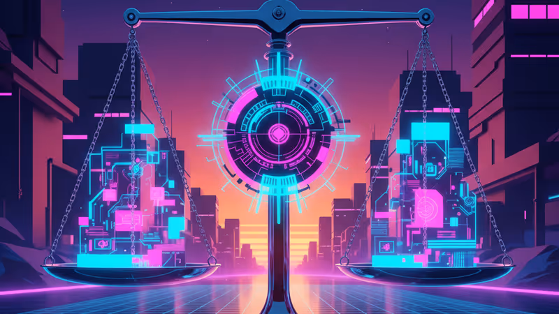 Digital scales of justice inside a modern technology headquarters