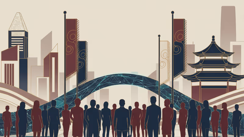 싱가포르와 베이징의 스카이라인을 잇는 미래지향적 디지털 신경망 이미지