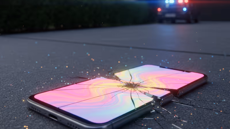 事件現場の路上に残されたスマートフォンと遠くに見えるパトカーのライト