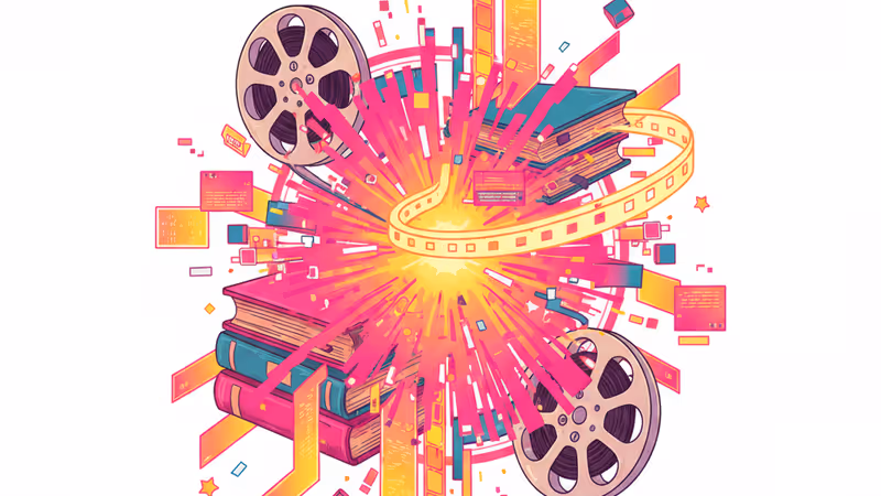 1930年代の映画フィルムと古い書籍が光に包まれている様子