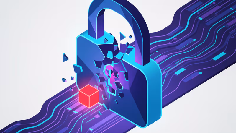 파란색 디지털 자물쇠가 마우스 클릭 한 번으로 부서지는 모습