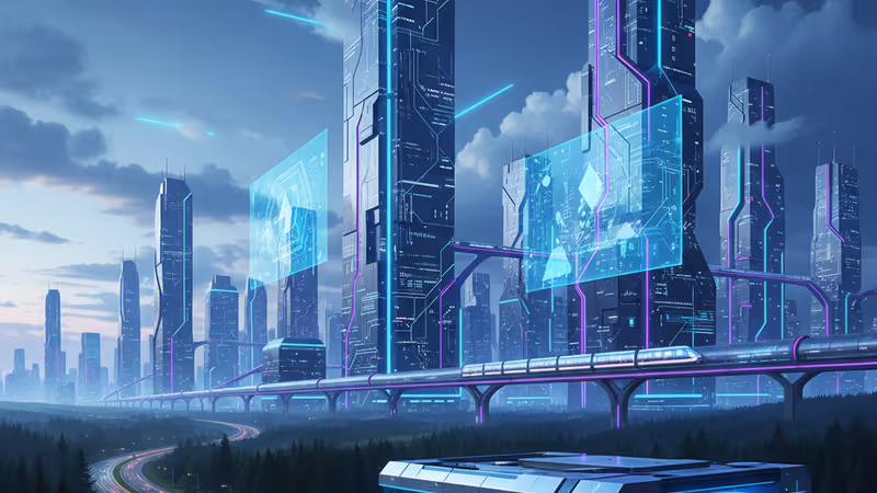 科技電路板紋理融入密西根農村景觀，象徵數位基建與地方社群的交會