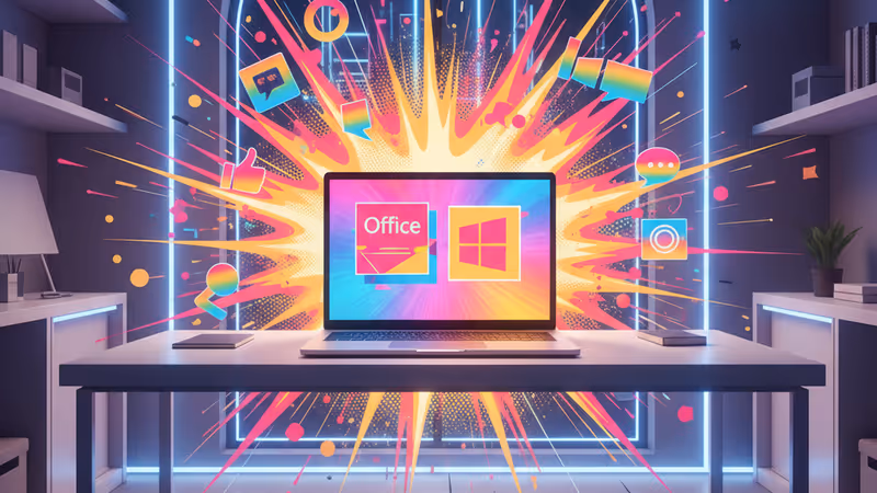 마이크로소프트 오피스와 윈도우 11 로고가 표시된 노트북 화면