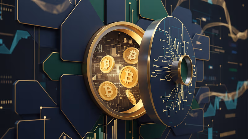 비트코인 로고와 금융 데이터가 표시된 기업 회의실 전경