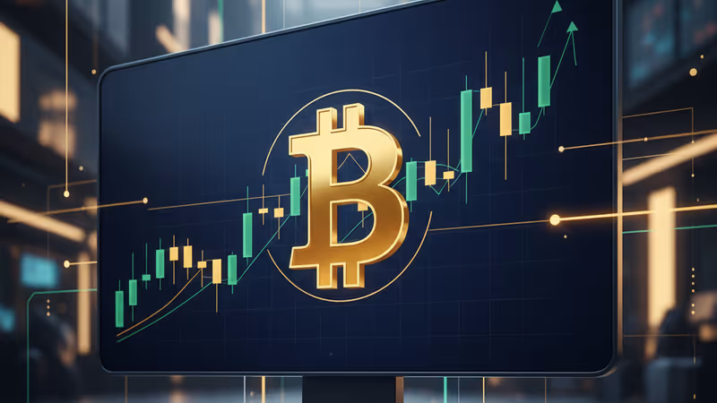 상승하는 주식 차트와 비트코인 심볼이 겹쳐진 모니터 화면