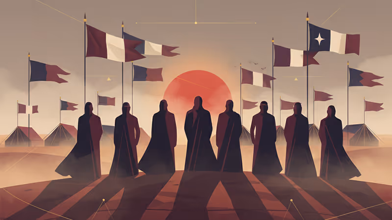 Desert landscape with a military base under a setting sun representing Middle East tension.