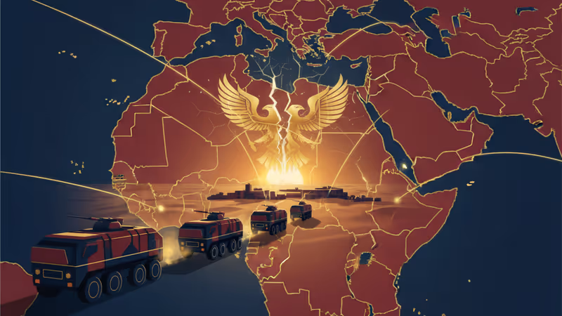 Military convoy leaving a desert base during sunset