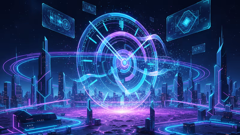 달 표면 위에 떠 있는 디지털 시계와 데이터 스트림