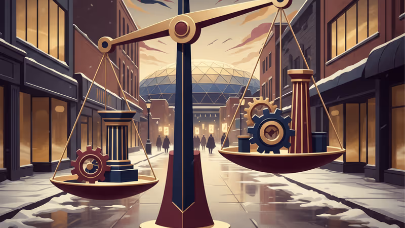 2026年明尼阿波利斯抗議期間，掛著休業告示牌的街道與遠處遊行的人群