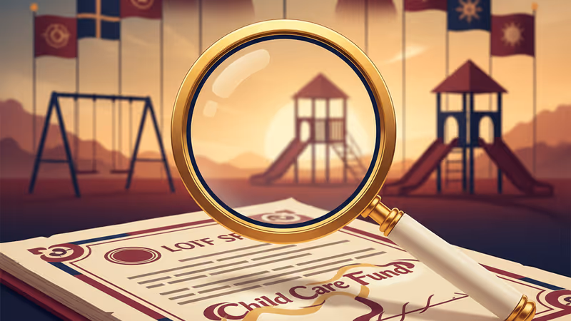 Magnifying glass over documents regarding Minnesota child care funding