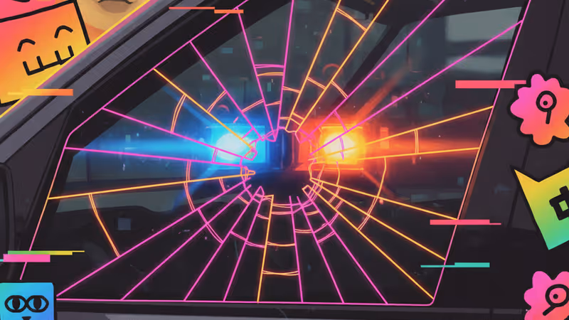 Shattered car window with federal law enforcement vehicle in distance