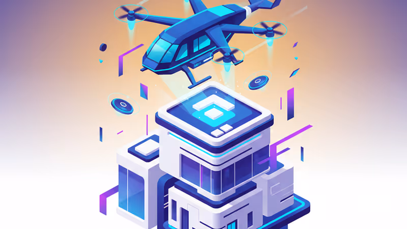 도심 건물 옥상에서 이륙하는 미래형 전기 수직 이착륙기