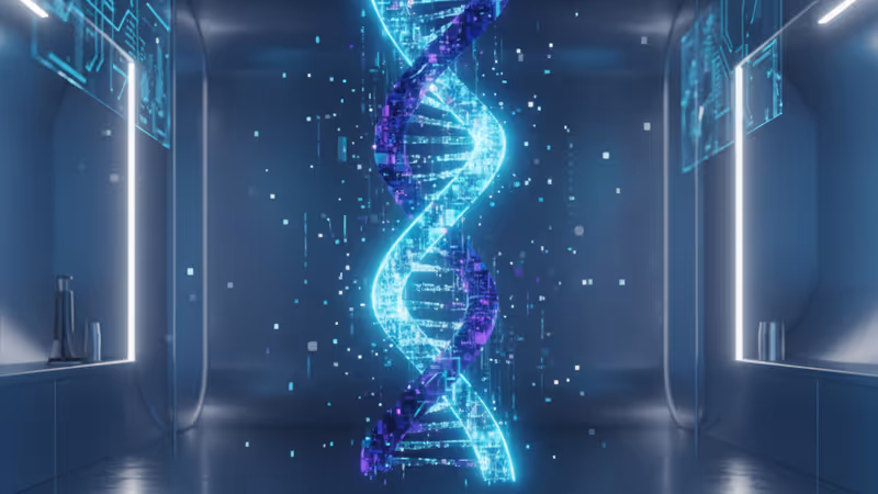 Glowing DNA double helix and gene-editing visualization in a futuristic lab