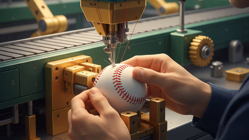 カンボジアの工場で製造されるミズノの野球ボールのクローズアップ