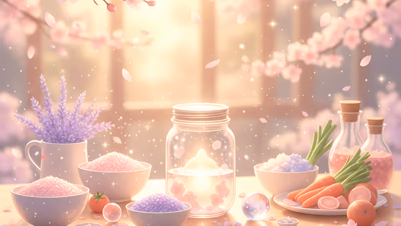 Warm kitchen table setting with soft lighting and ingredients