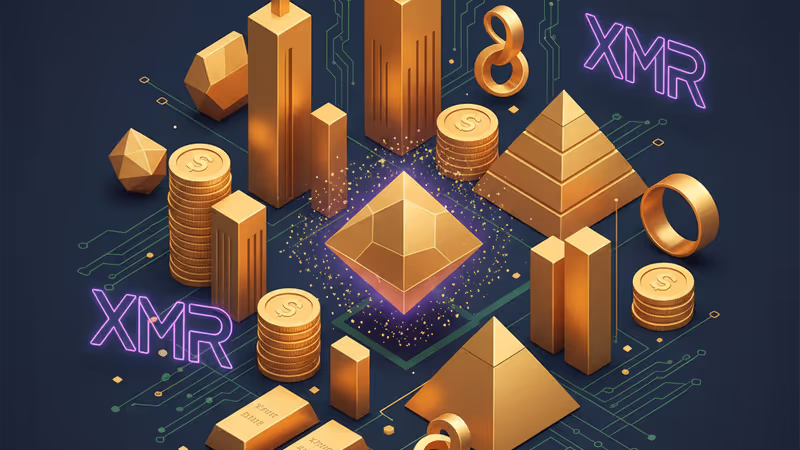 站在電路板上、象徵隱私保護的 Monero 金屬貨幣