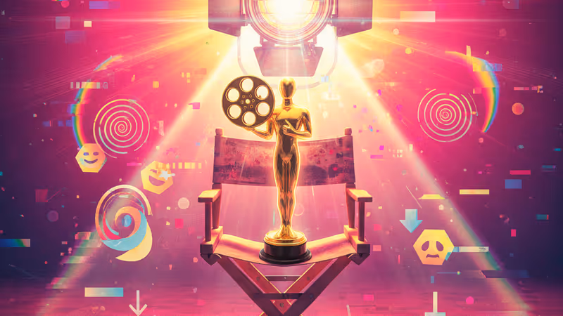 Oscar trophy and director's chair under spotlight