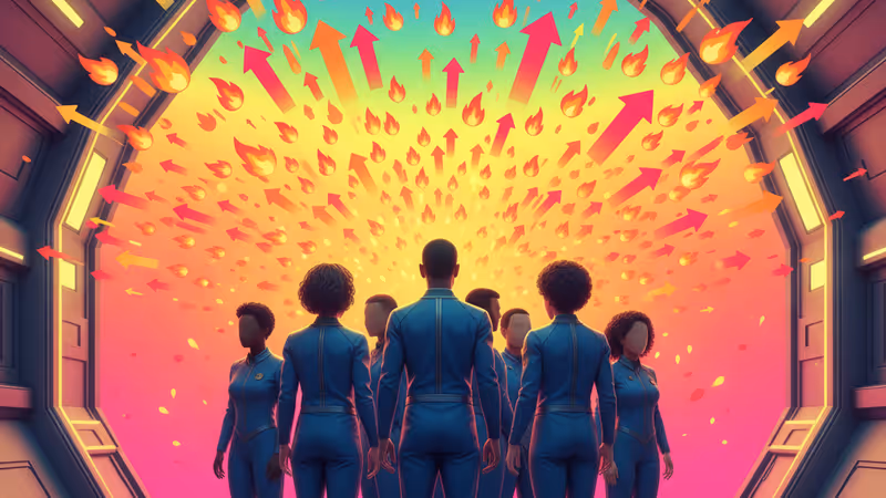 Vault-Tecの制服を着た参加者たちが巨大なボルトの扉の前に立つ様子