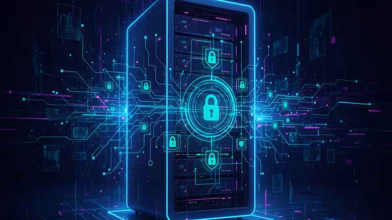 보안 서버와 디지털 암호화 자물쇠가 강조된 컨셉 이미지