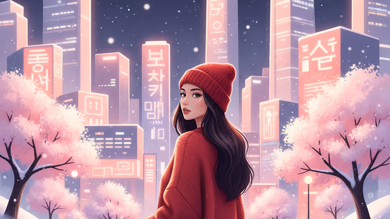 Nam Gyuri looking youthful in a red cardigan and beanie for winter fashion