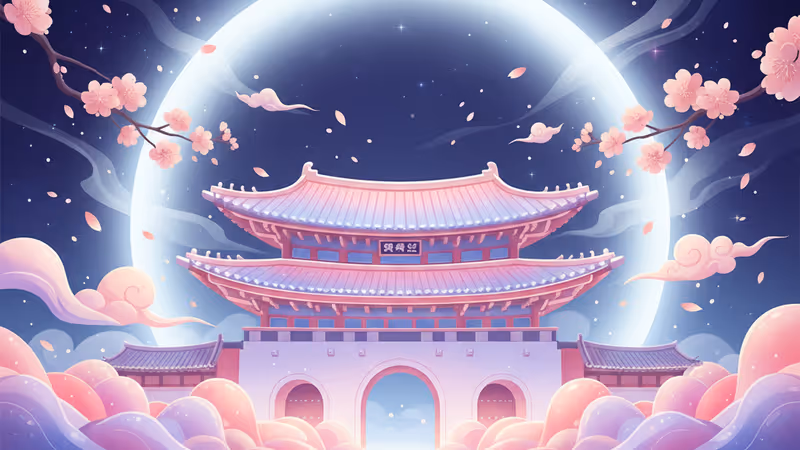 기이한 안개가 감도는 어두운 밤의 한국 전통 궁궐 전경