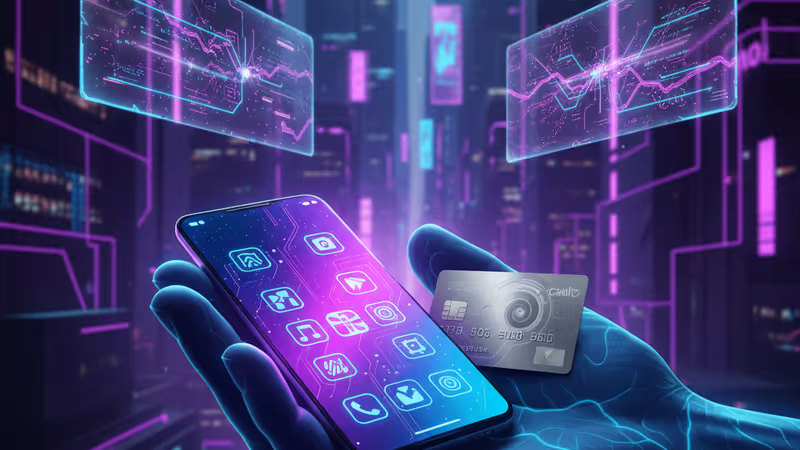 손가락 사이에 끼워진 신용카드 크기의 나노폰 스마트폰