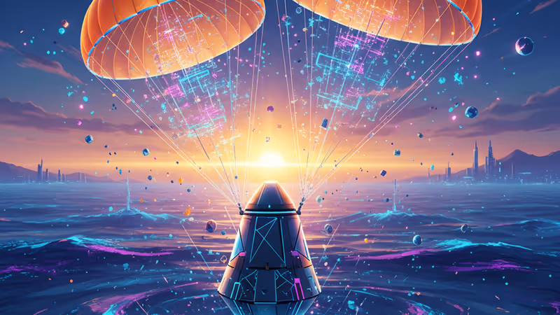 태평양으로 귀환하는 우주선의 낙하산 하강 장면